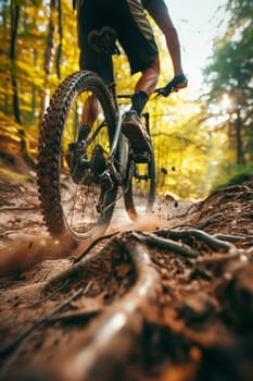 Close-up of a mountain biker's tire on a muddy trail, showcasing the thrill of the ride