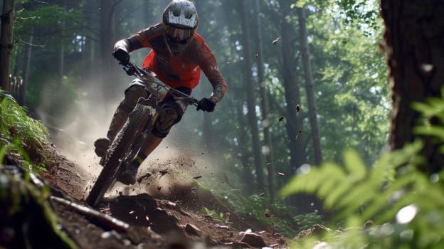 Mountain biker in action, speeding down a dirt trail in a sun-dappled forest, showcasing dynamic motion and sport