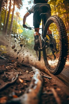 Close-up of a mountain biker's tire on a muddy trail, showcasing the thrill of the ride