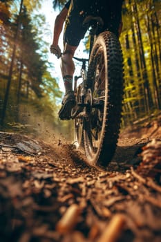 Close-up of a mountain biker's tire on a muddy trail, showcasing the thrill of the ride