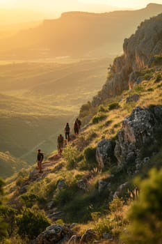 Group of hikers ascending a mountain trail at sunset, the golden hour light casting a warm glow on the landscape