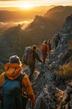 Hikers traverse rocky mountain path at sunrise with misty forest below