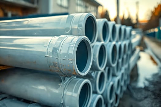 Pile of pipes on the ground. Generative AI.
