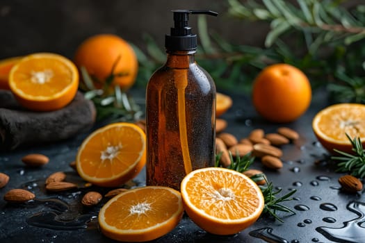 Bottle of orange oil with almonds and orange slices. Generative AI.