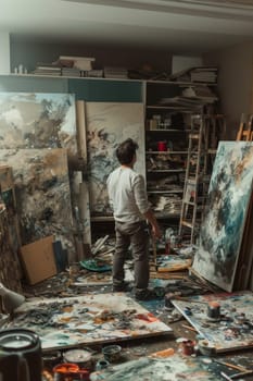 Artist contemplating a large abstract painting in a messy, color-filled studio