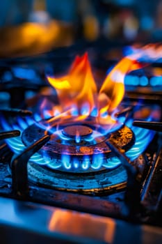Close up of gas stove with flames. Generative AI.