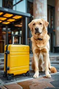 Dog sitting next to yellow suitcase. Generative AI.