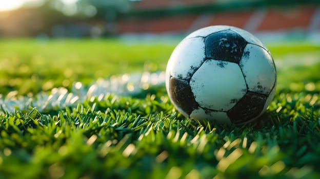 Soccer ball on the grass at sunset. Generative AI.