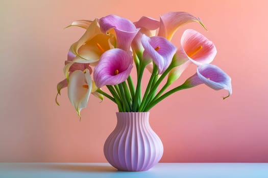 Pink vase with calla lilies on table. Generative AI.