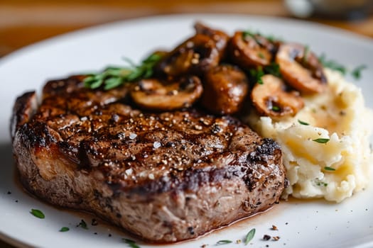 Steak with mushrooms and mashed potatoes on plate. Generative AI.