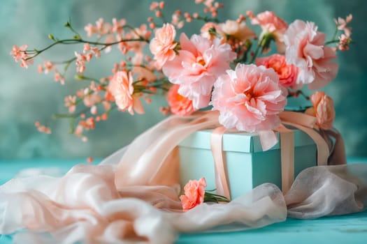 Gift box with flowers and ribbon on blue table. Generative AI.