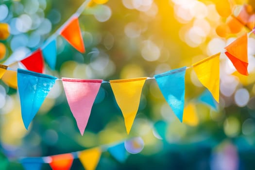 Colorful buntings hanging in the sun. Generative AI.