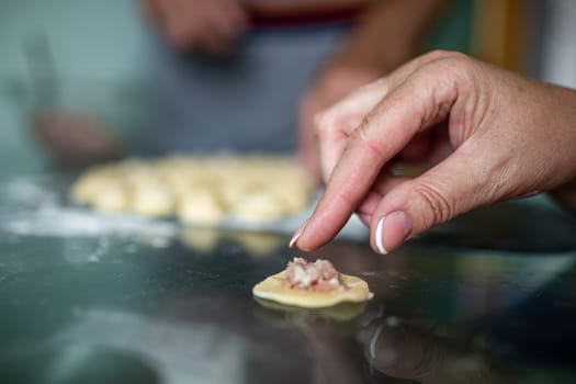 cooking dumplings from dough and minced meat close-up.