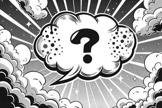 A cartoon drawing of a cloud with a question mark in the middle. The drawing is black and white and has a moody, mysterious feel to it. Generative AI