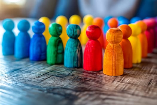 A group of wooden people are lined up in a row. The people are of different colors and sizes. The scene is meant to represent diversity and unity. Generative AI