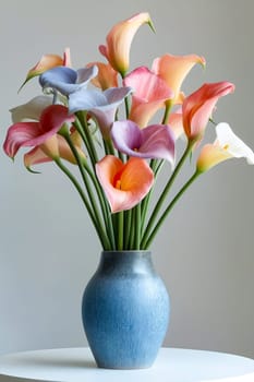Blue vase with colorful calla lilies. Generative AI.