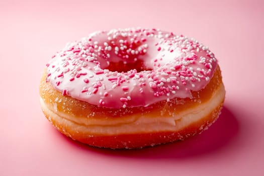 Pink donut with sprinkles on table. Generative AI.