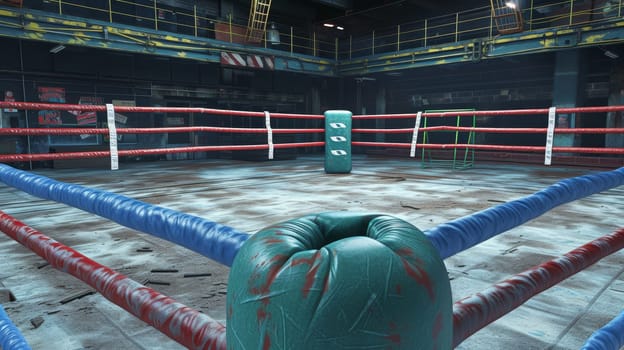 Inside view of a boxing gym with an empty ring and worn equipment, hinting at countless past bouts