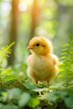 Small yellow chicken standing in the forest. Generative AI.