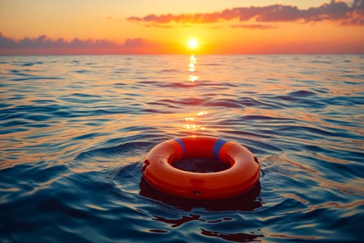 Orange life ring floating in the ocean at sunset. Generative AI.