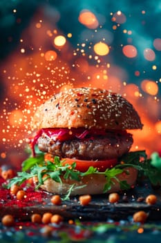 Burger with vegetables and beans on black background. Generative AI.