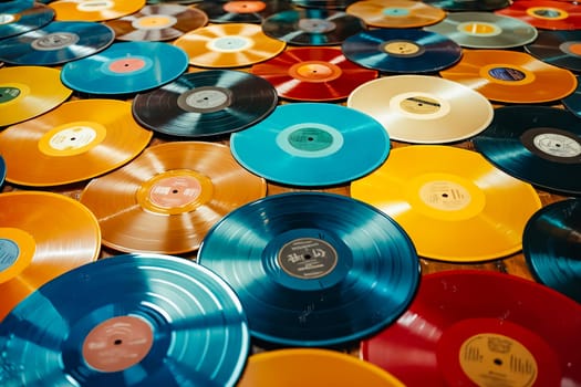 Large collection of colorful vinyl records. Generative AI.