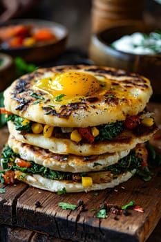 Stack of pancakes with egg on top. Generative AI.