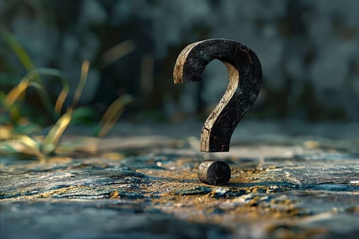 A black question mark is on a rock. The rock is dirty and has a lot of moss on it. The question mark is upside down and he is stuck in the ground. The image has a moody and mysterious feel to it. Generative AI