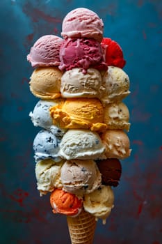 Cone filled with many different flavors of ice cream. Generative AI.