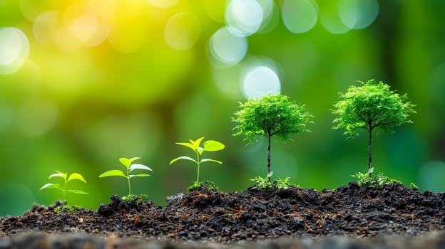 Three small trees growing in the soil. Generative AI.
