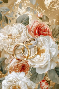 Three golden wedding rings resting on an ornate floral tapestry with intricate designs