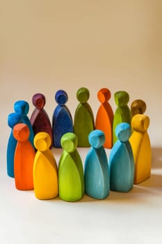 Group of colorful wooden people in circle. Generative AI.