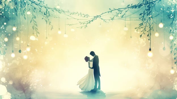 Silhouette of a couple sharing a romantic moment under a whimsical string of lights