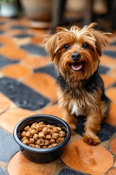 Small dog standing next to bowl of food. Generative AI.
