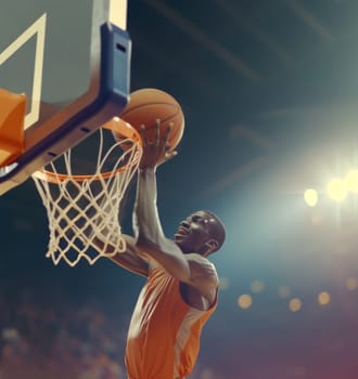 Dynamic image of a basketball player in red mid-air scoring a powerful dunk