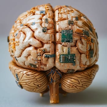 Model of human brain with electronic parts. Generative AI.