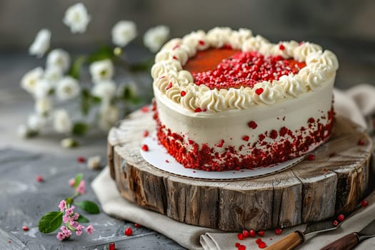 Appetizing red velvet cake in the shape of a heart with decor on a round wooden stand. Concept for celebrating birthday, Valentine's Day, Mother's Day or March 8th.