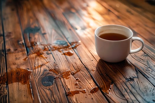 A cup of tea sits on a wooden table with a few drops of tea on the table. Scene is calm and relaxing, as the cup of tea is a symbol of comfort and warmth. Generative AI