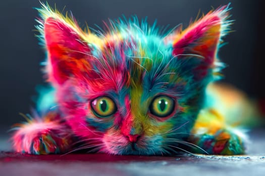 Colorful cat with green eyes laying on the ground. Generative AI.