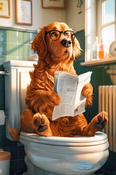 Dog sitting on toilet reading newspaper. Generative AI.