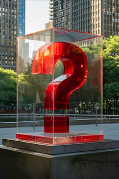 A red question mark is inside a clear box. The box is on a concrete block. Generative AI