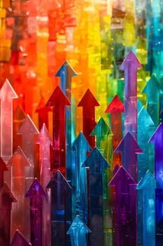 Colorful wall of arrows with rainbow background. Generative AI.