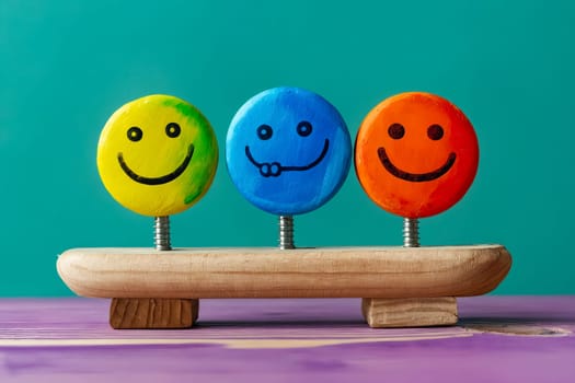 Three colorful wooden smiley faces on wooden base. Generative AI.