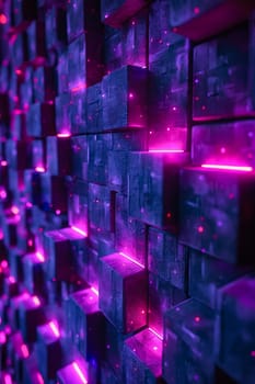 Wall of purple cubes with lights. Generative AI.