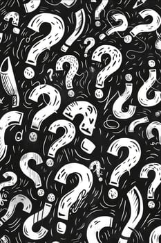 A black and white image of many questions with a black background. The questions are drawn in a stylized way, with some having a more prominent presence than others. Scene is one of curiosity. Generative AI