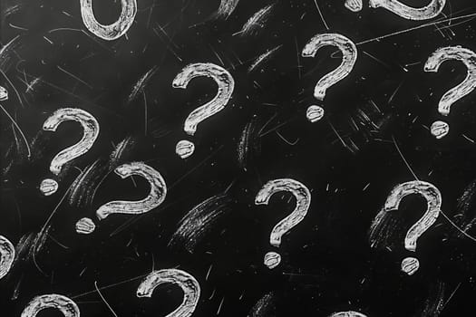 A black and white chalkboard with many questions written on it. Scene is curious and thought-provoking. Generative AI