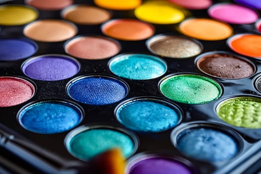 Close up of makeup palette with colorful eyeshadows. Generative AI.
