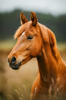 Brown horse standing in field. Generative AI.