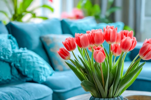 Vase of pink tulips in front of blue couch. Generative AI.