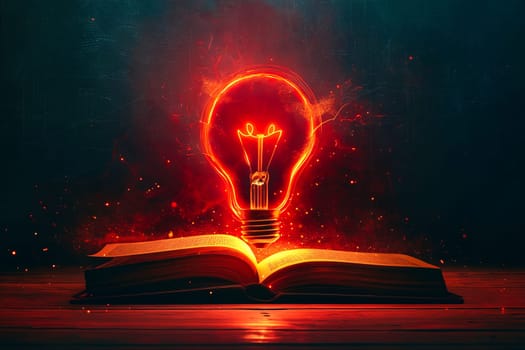 A glowing light bulb is on top of an open book. The light bulb is surrounded by a red glow, which gives the impression of a fiery explosion. The scene is both visually striking and thought-provoking. Generative AI